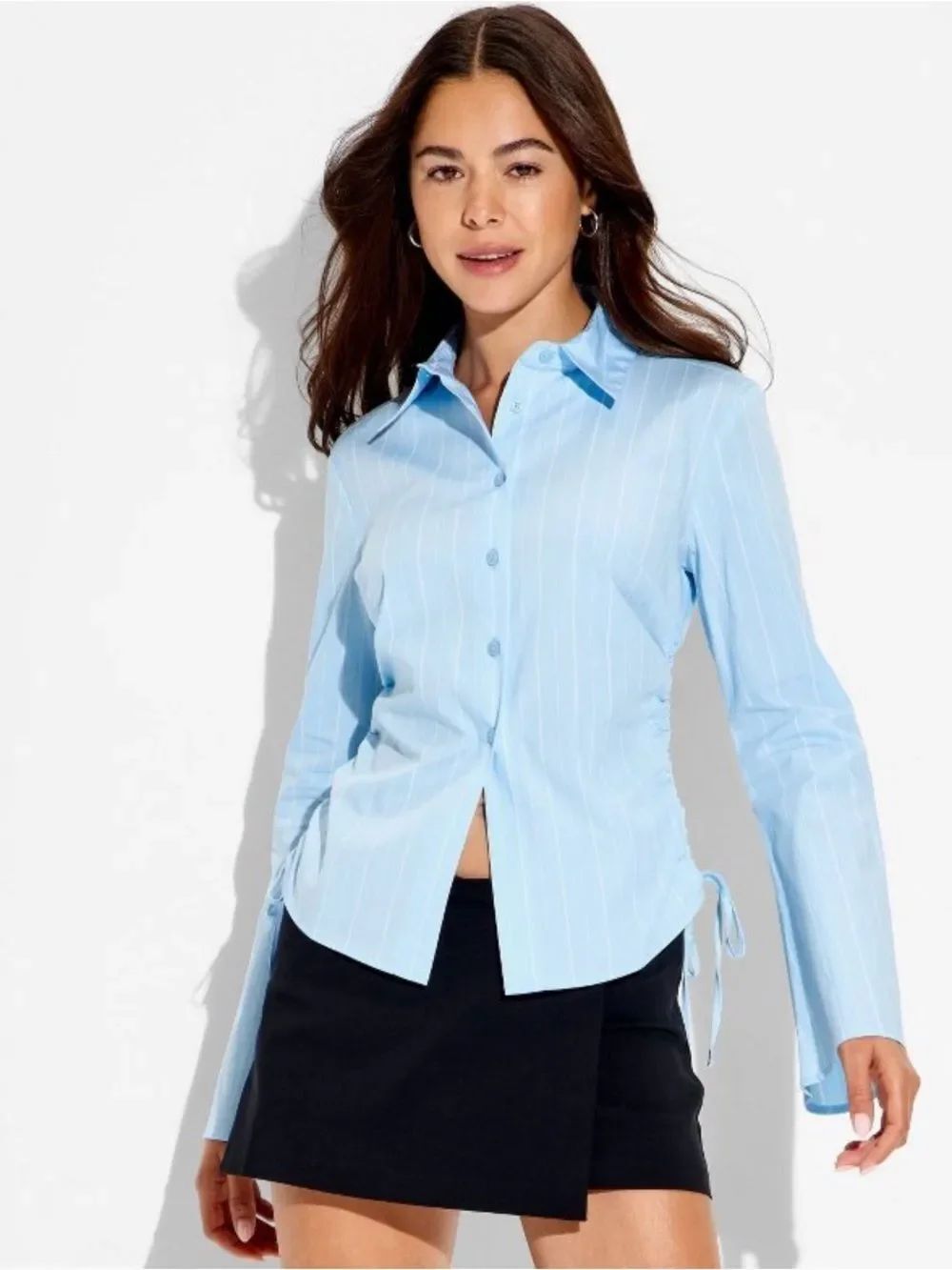 wild fable Blue White Stripe Bell Sleeve Poplin Shirt Side Adjustable Ties